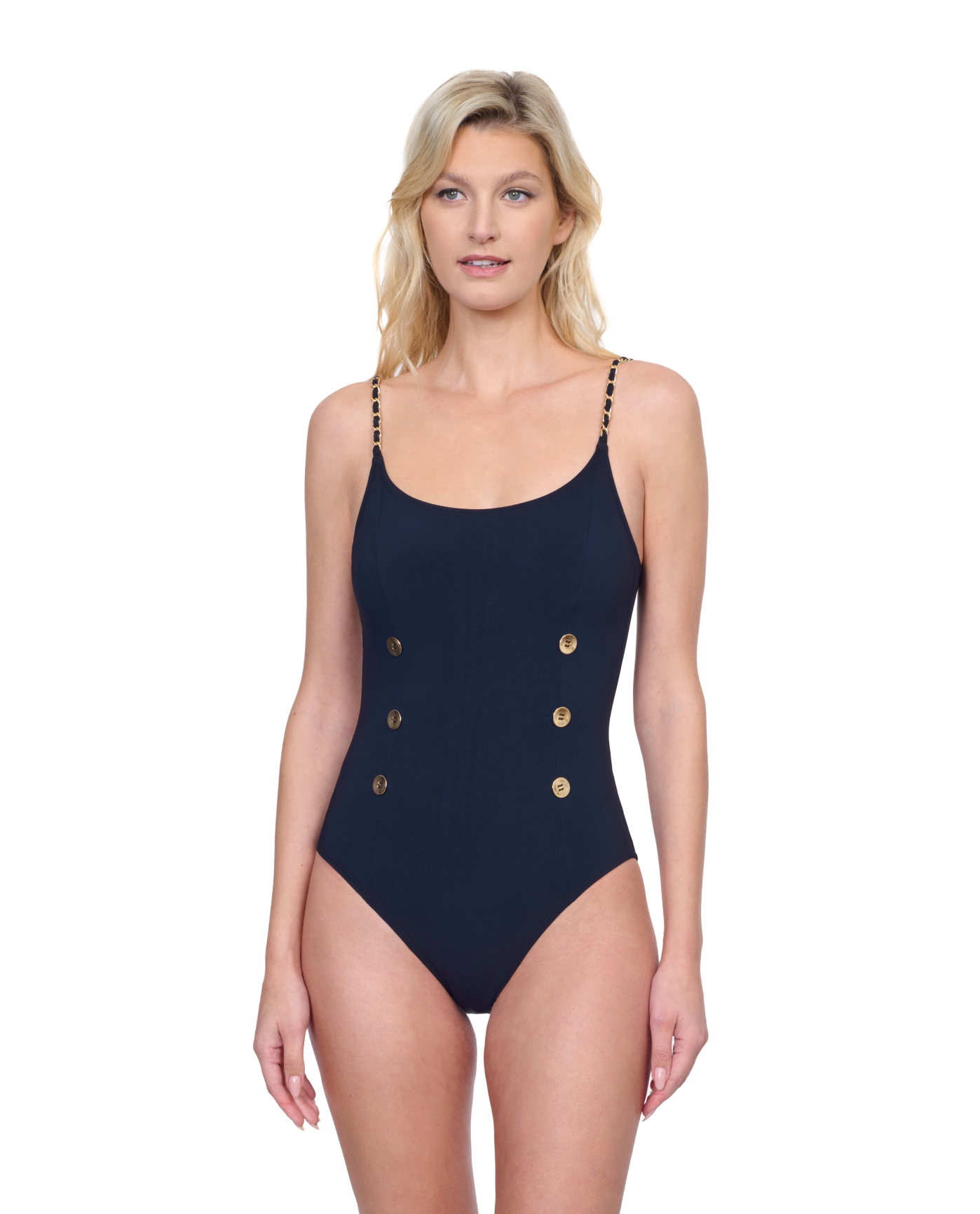 Front View Of Gottex Montecarlo Round Neck Lingerie Straps with button details One Piece Swimsuit | Gottex Montecarlo Black