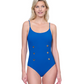 Front View Of Gottex Montecarlo Round Neck Lingerie Straps with button details One Piece Swimsuit | Gottex Montecarlo Cobalt