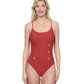 Front View Of Gottex Montecarlo Round Neck Lingerie Straps with button details One Piece Swimsuit | Gottex Montecarlo Paprika