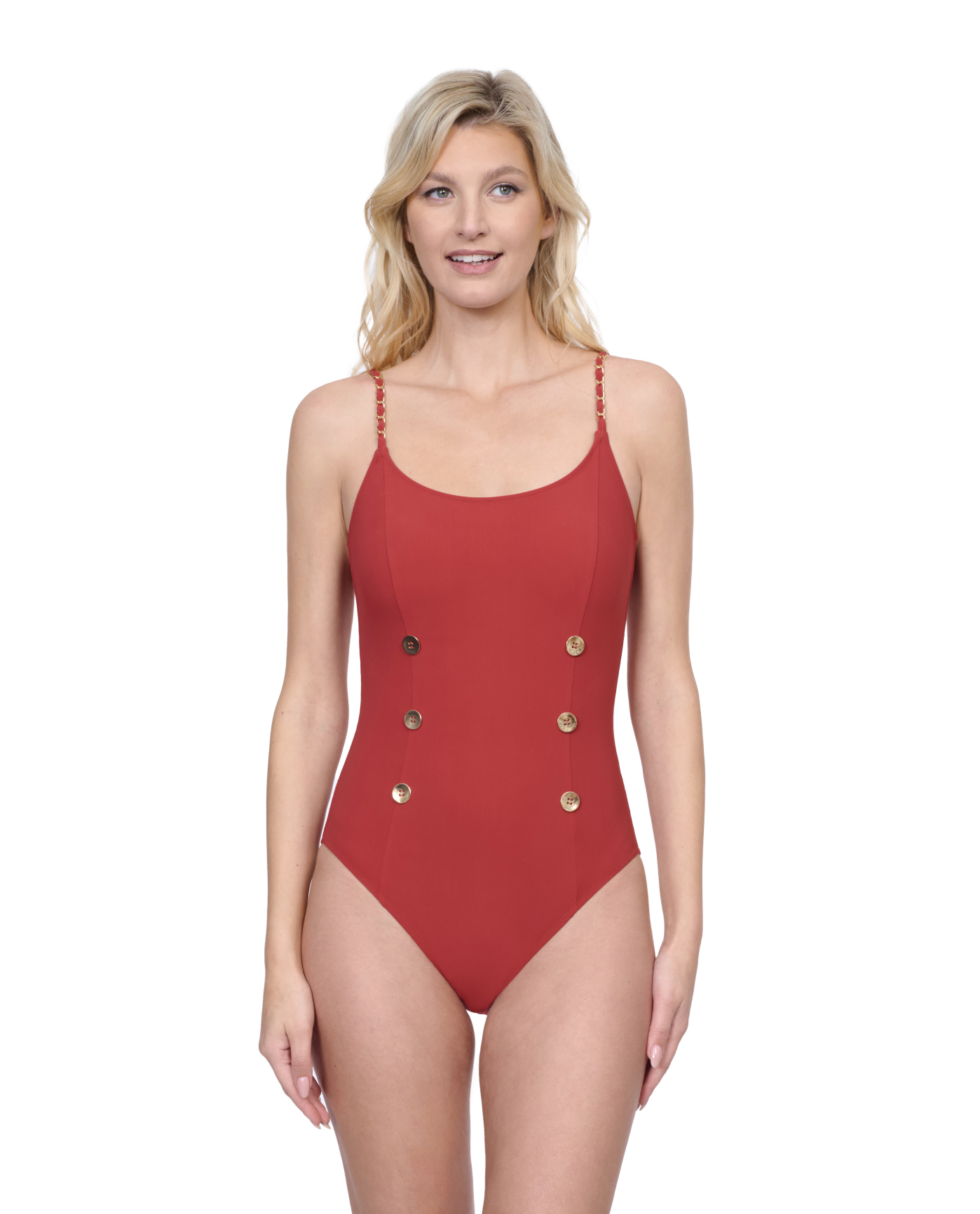 Front View Of Gottex Montecarlo Round Neck Lingerie Straps with button details One Piece Swimsuit | Gottex Montecarlo Paprika