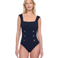 Front View Of Gottex Montecarlo Cap Sleeves Square with buttons details Neck One Piece Swimsuit | Gottex Montecarlo Black