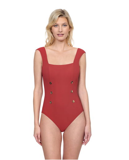 Front View Of Gottex Montecarlo Cap Sleeves Square with buttons details Neck One Piece Swimsuit | Gottex Montecarlo Paprika