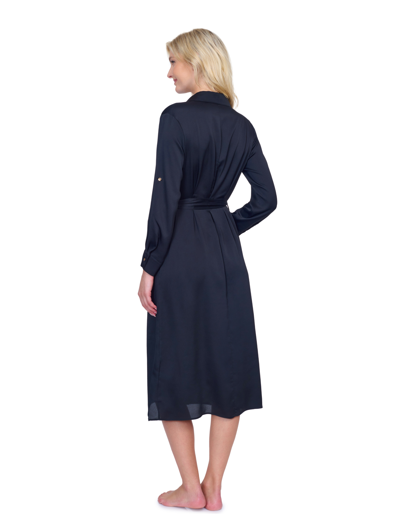 Back View Of Gottex Montecarlo Shirt Dress with Long Sleeves and Belt Swim Cover up | Gottex Montecarlo Black