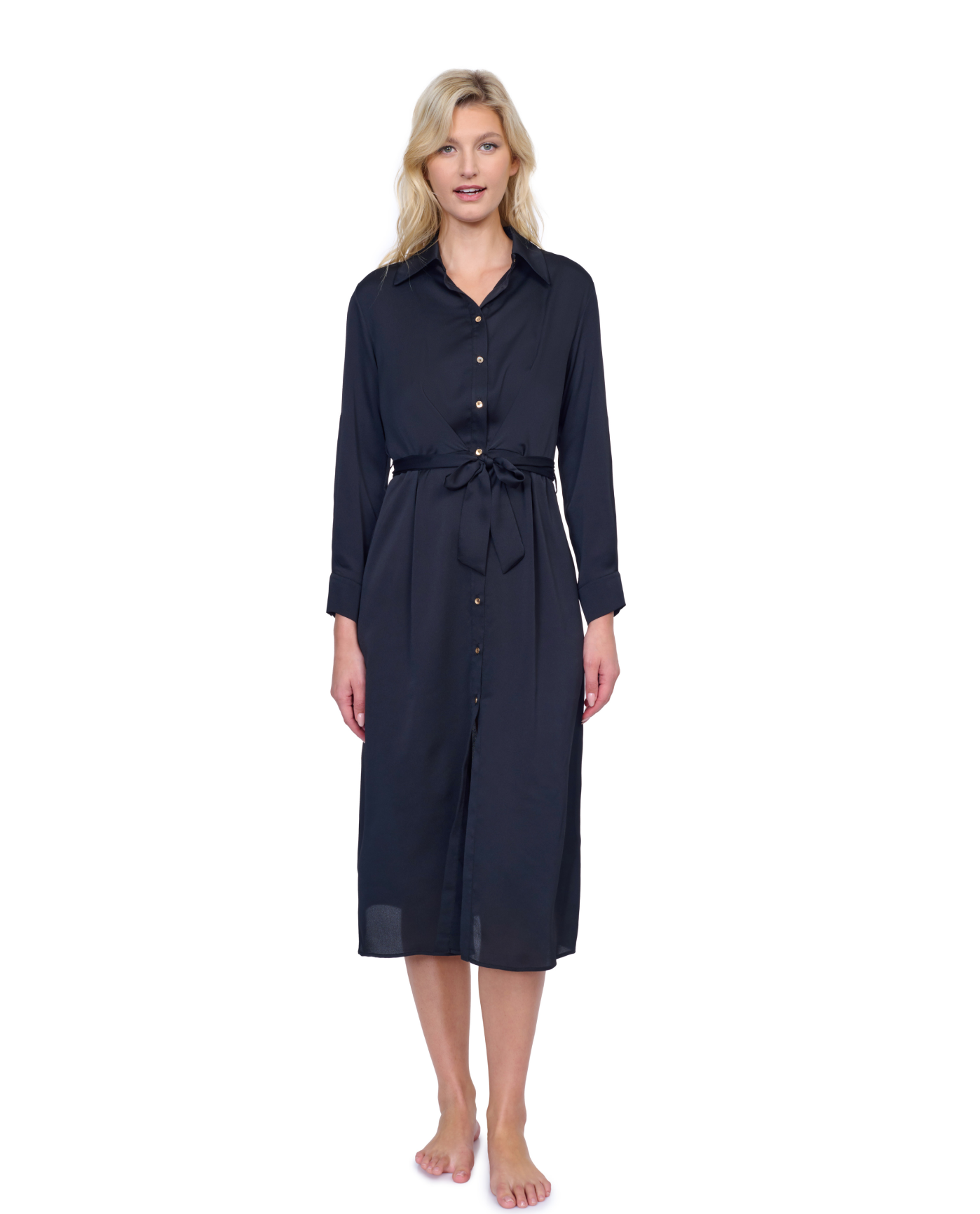 Front View Of Gottex Montecarlo Shirt Dress with Long Sleeves and Belt Swim Cover up | Gottex Montecarlo Black