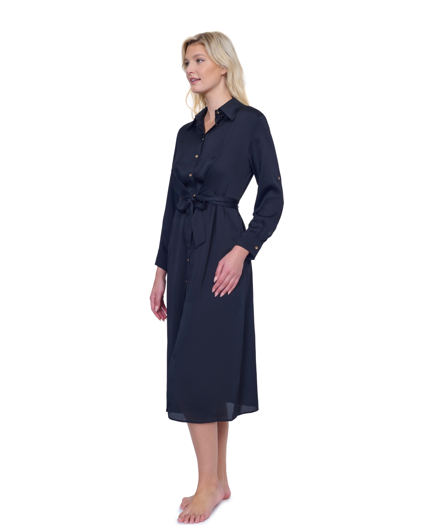 Side View Of Gottex Montecarlo Shirt Dress with Long Sleeves and Belt Swim Cover up | Gottex Montecarlo Black