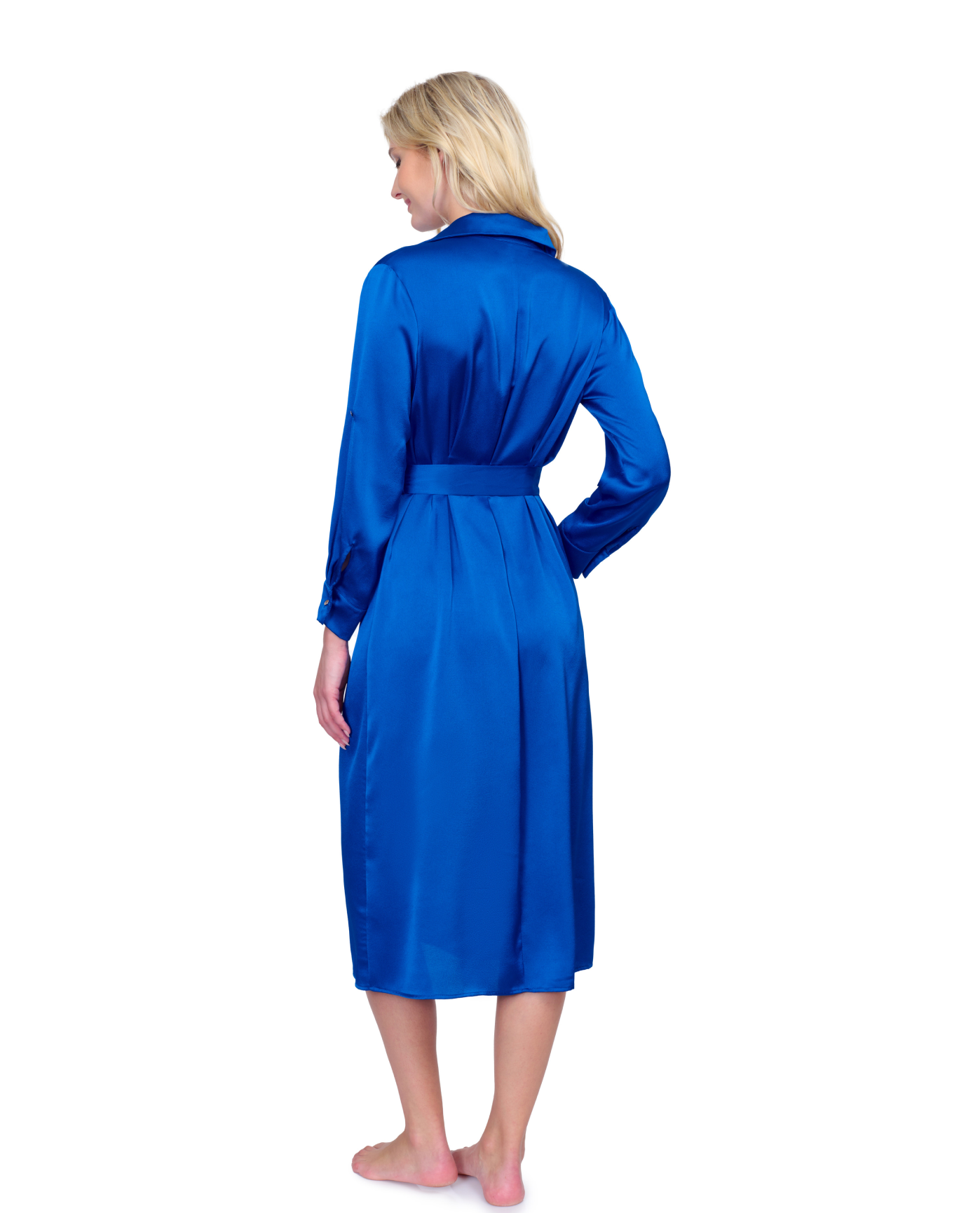 Back View Of Gottex Montecarlo Shirt Dress with Long Sleeves and Belt Swim Cover up | Gottex Montecarlo Cobalt