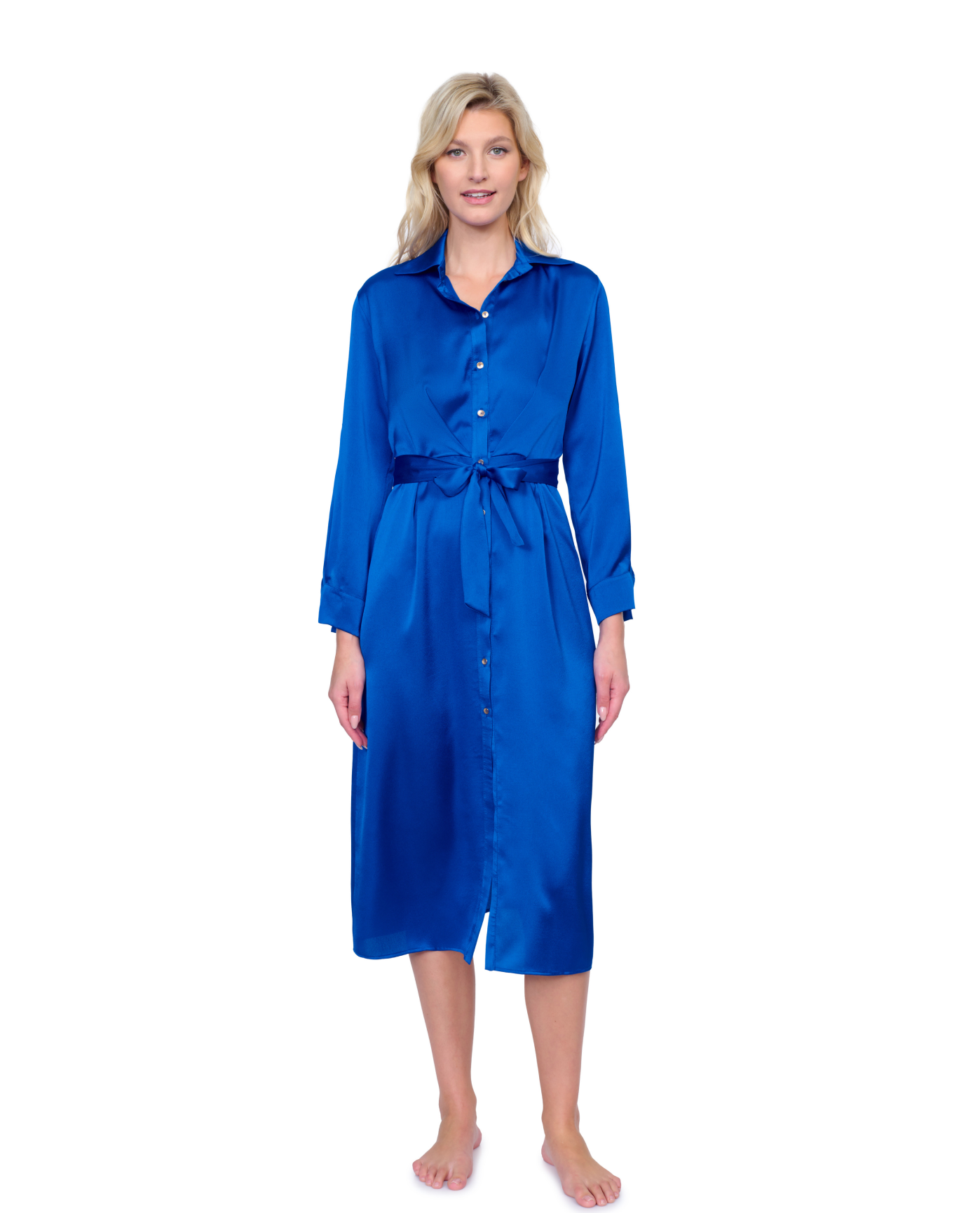 Front View Of Gottex Montecarlo Shirt Dress with Long Sleeves and Belt Swim Cover up | Gottex Montecarlo Cobalt