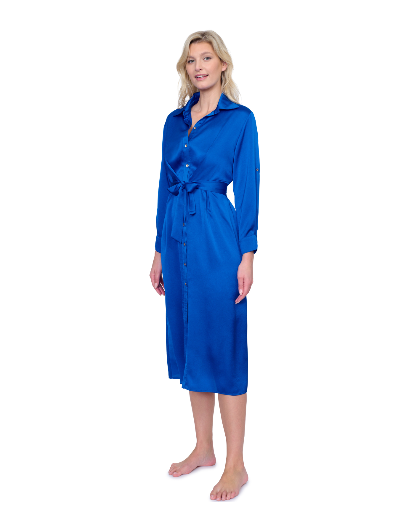 Side View Of Gottex Montecarlo Shirt Dress with Long Sleeves and Belt Swim Cover up | Gottex Montecarlo Cobalt