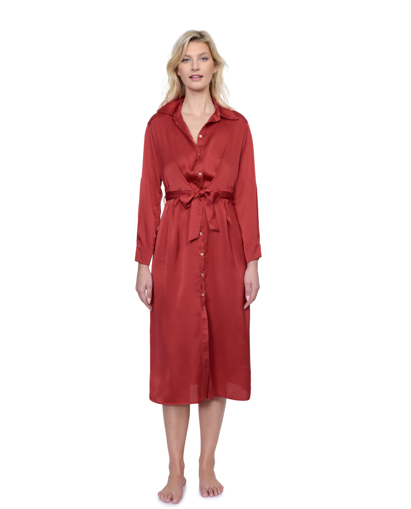 Front View Of Gottex Montecarlo Shirt Dress with Long Sleeves and Belt Swim Cover up | Gottex Montecarlo Paprika