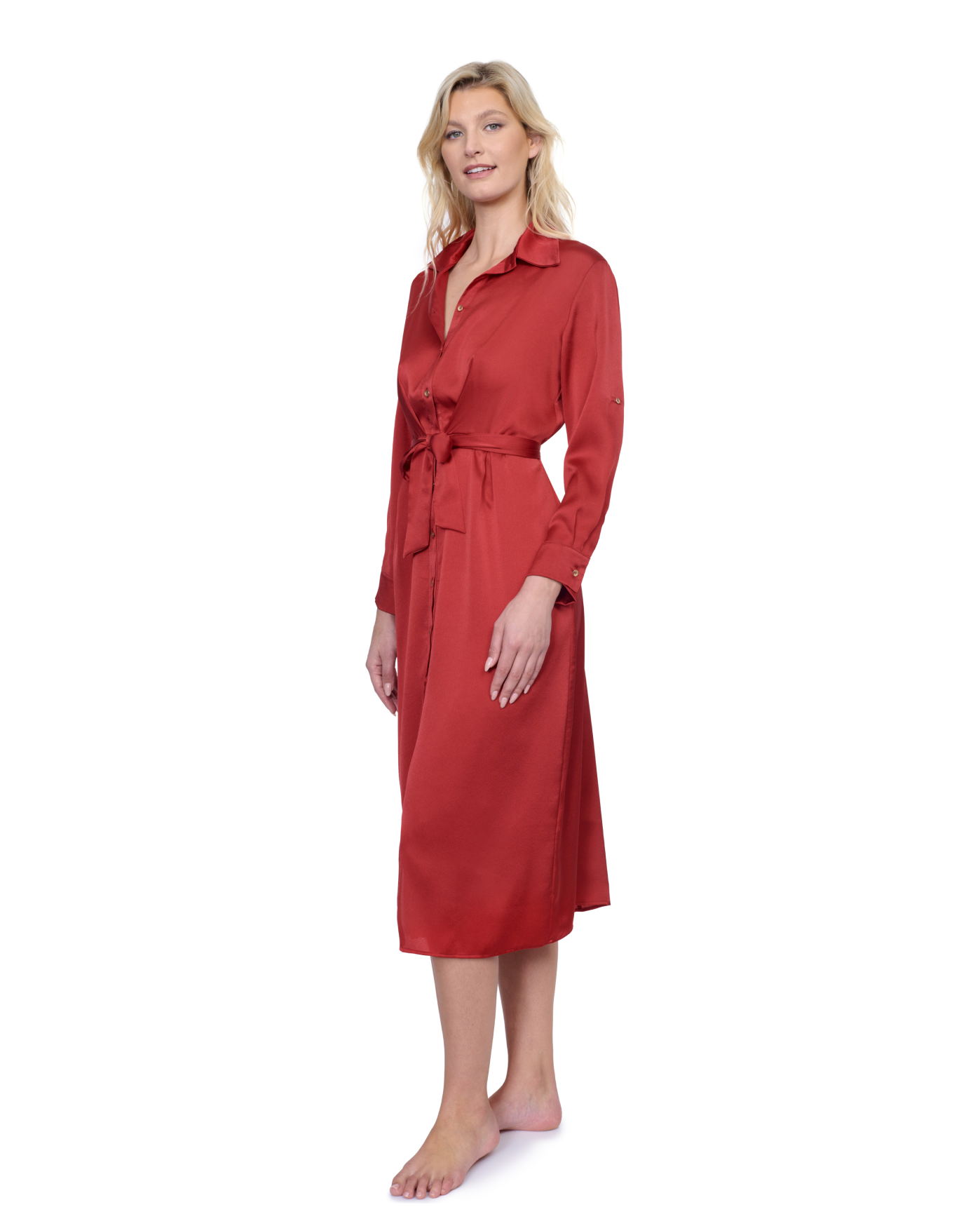 Side View Of Gottex Montecarlo Shirt Dress with Long Sleeves and Belt Swim Cover up | Gottex Montecarlo Paprika