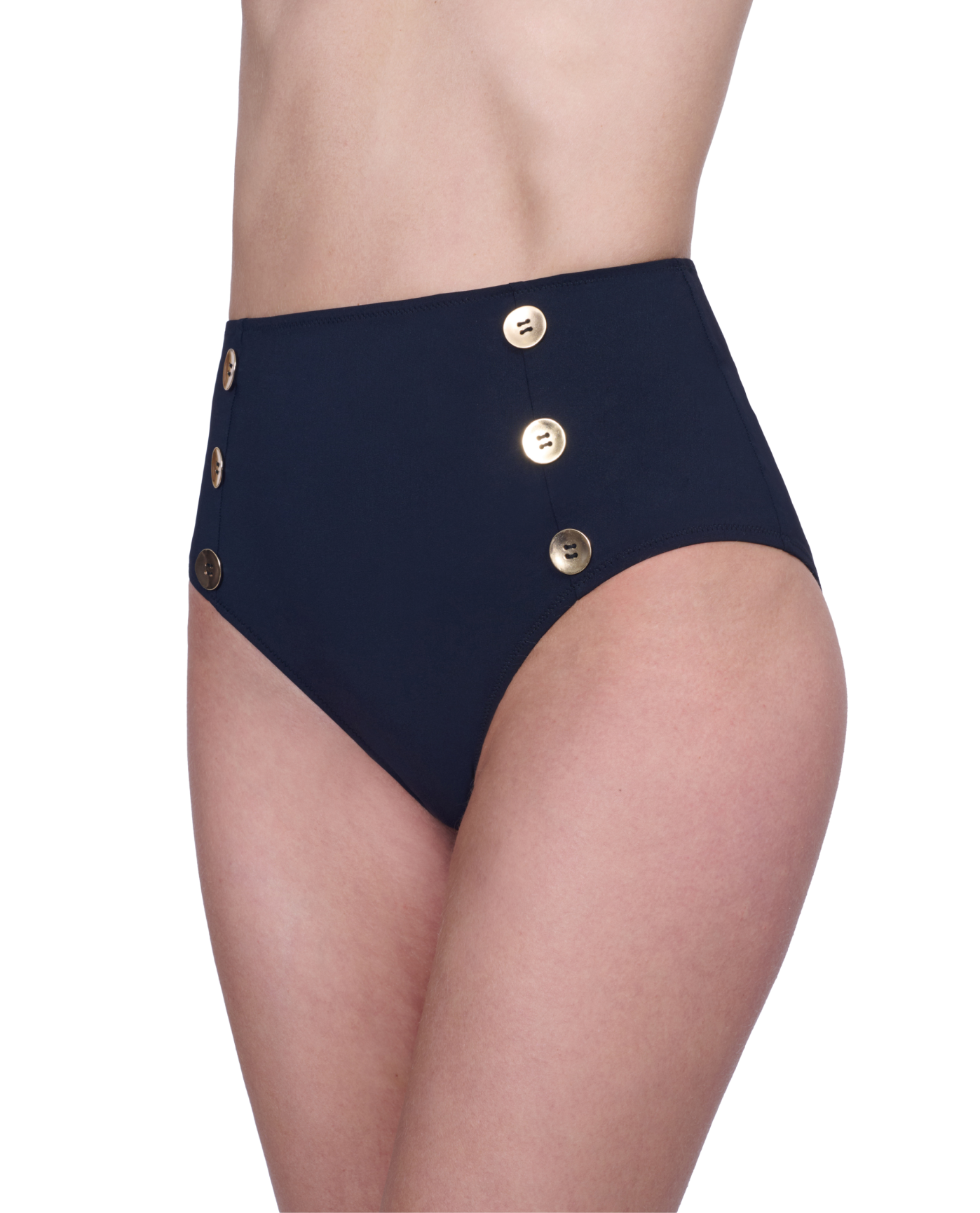 Side View Of Gottex Montecarlo High Waist Swim Bottom with Buttons Details | Gottex Montecarlo Black