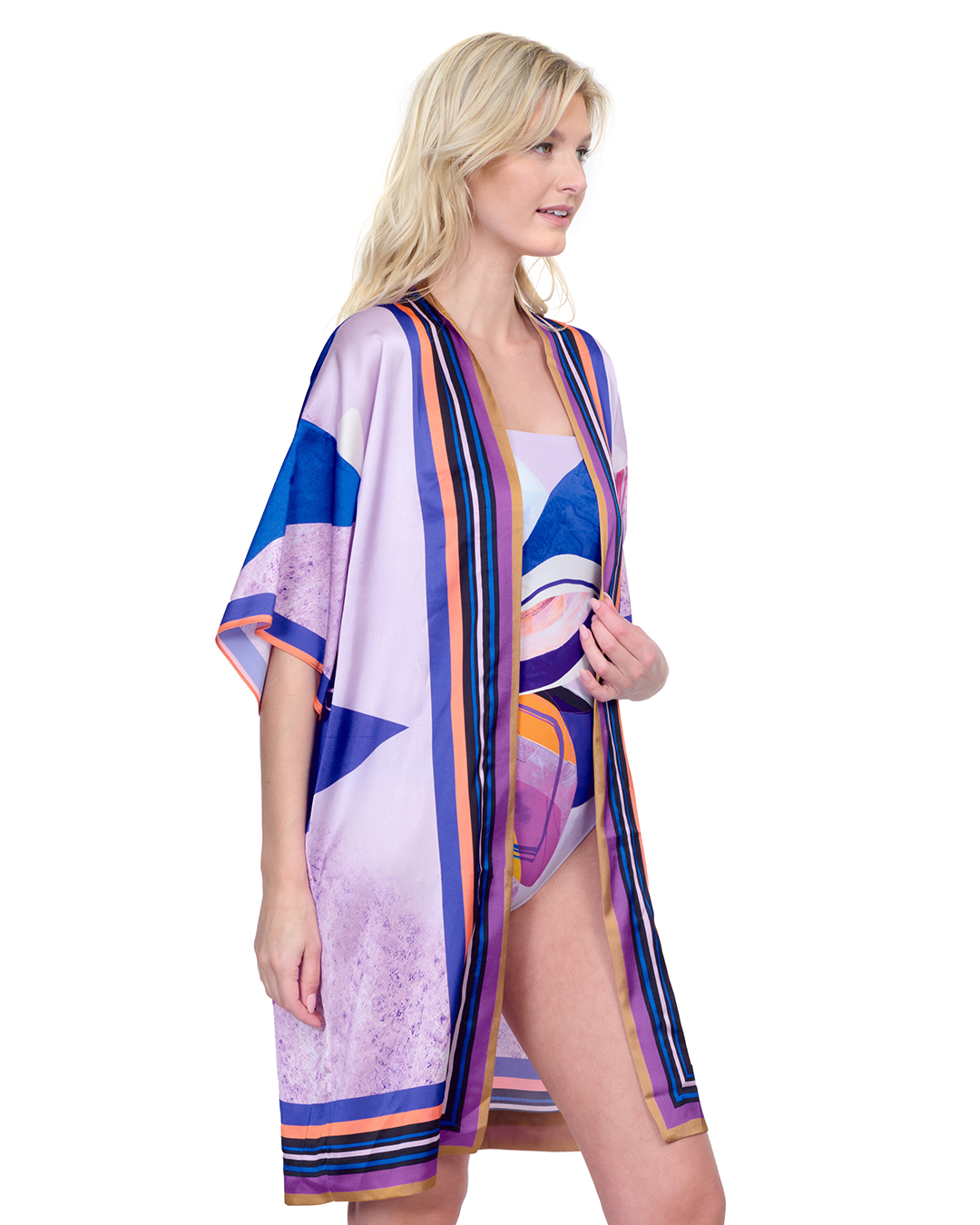 Side View Of Gottex Paradiso Robe with Flutter Sleeves and Tie | Gottex Paradiso Multi