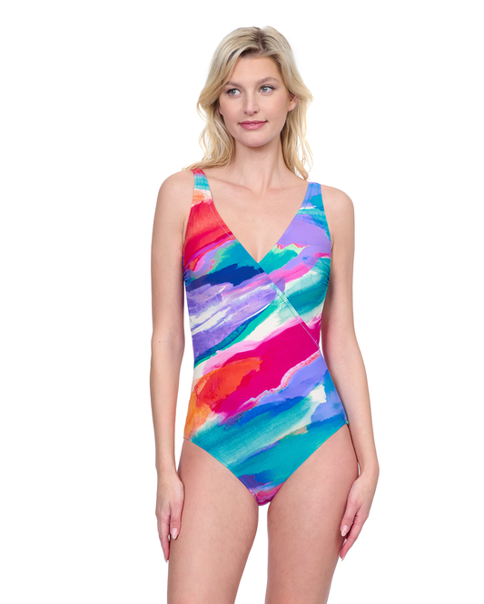 Front View Of Gottex Palma De Mallorca V Neck Surplice One Piece Swimsuit | Gottex Paradiso Multi