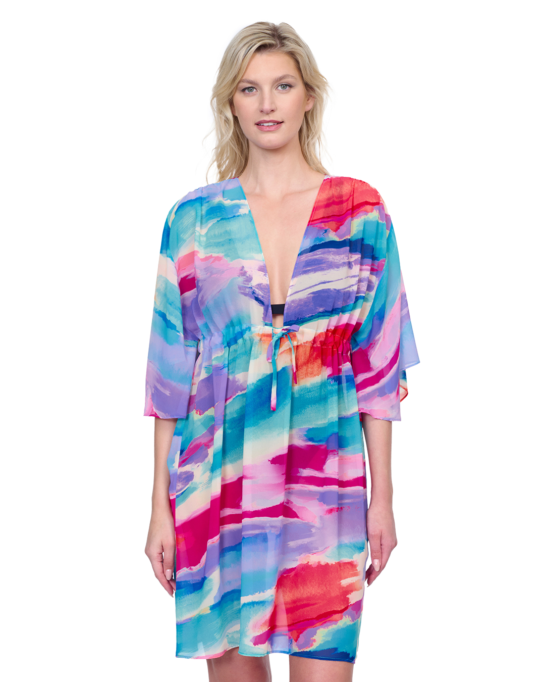 Front View Of Gottex Palma De Mallorca V Neck Beach Dress with Adjustable Tie | Gottex Paradiso Multi