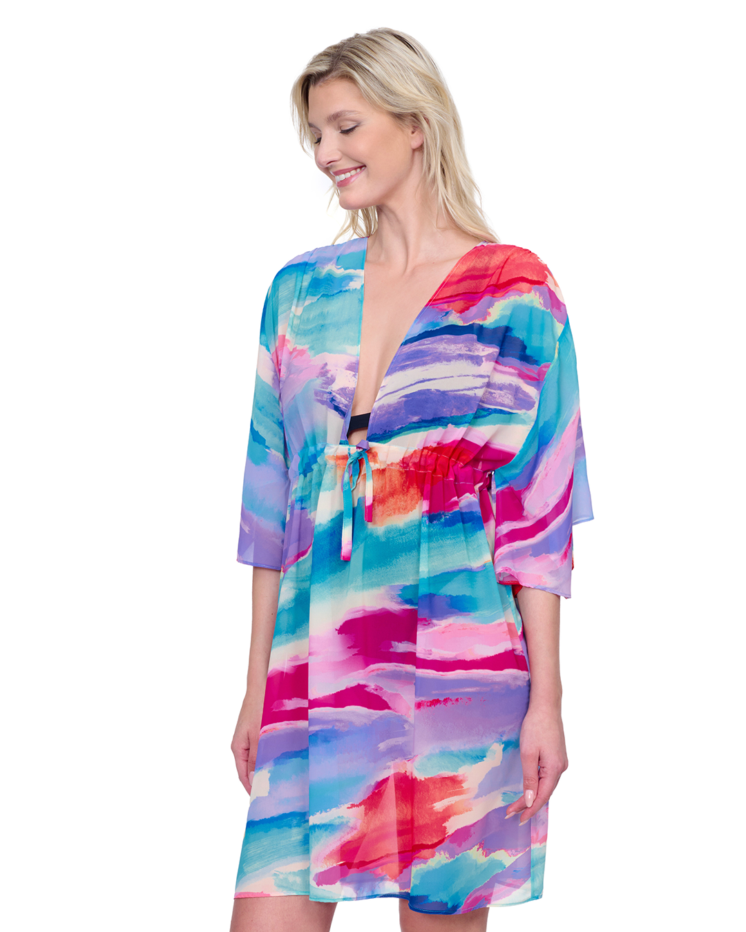 Side View Of Gottex Palma De Mallorca V Neck Beach Dress with Adjustable Tie | Gottex Paradiso Multi