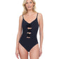 Front View Of Gottex Rose Bud V-Neck Lingerie Cut-Out One Piece Swimsuit | GOTTEX ROSE BUD BLACK