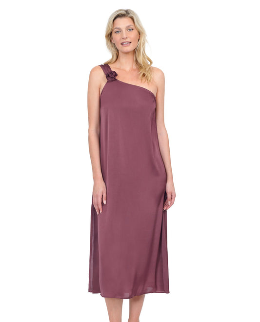 Front View Of Gottex Rose Bud One Shoulder Sarong Dress Cover Up | GOTTEX ROSE BUD MAUVE