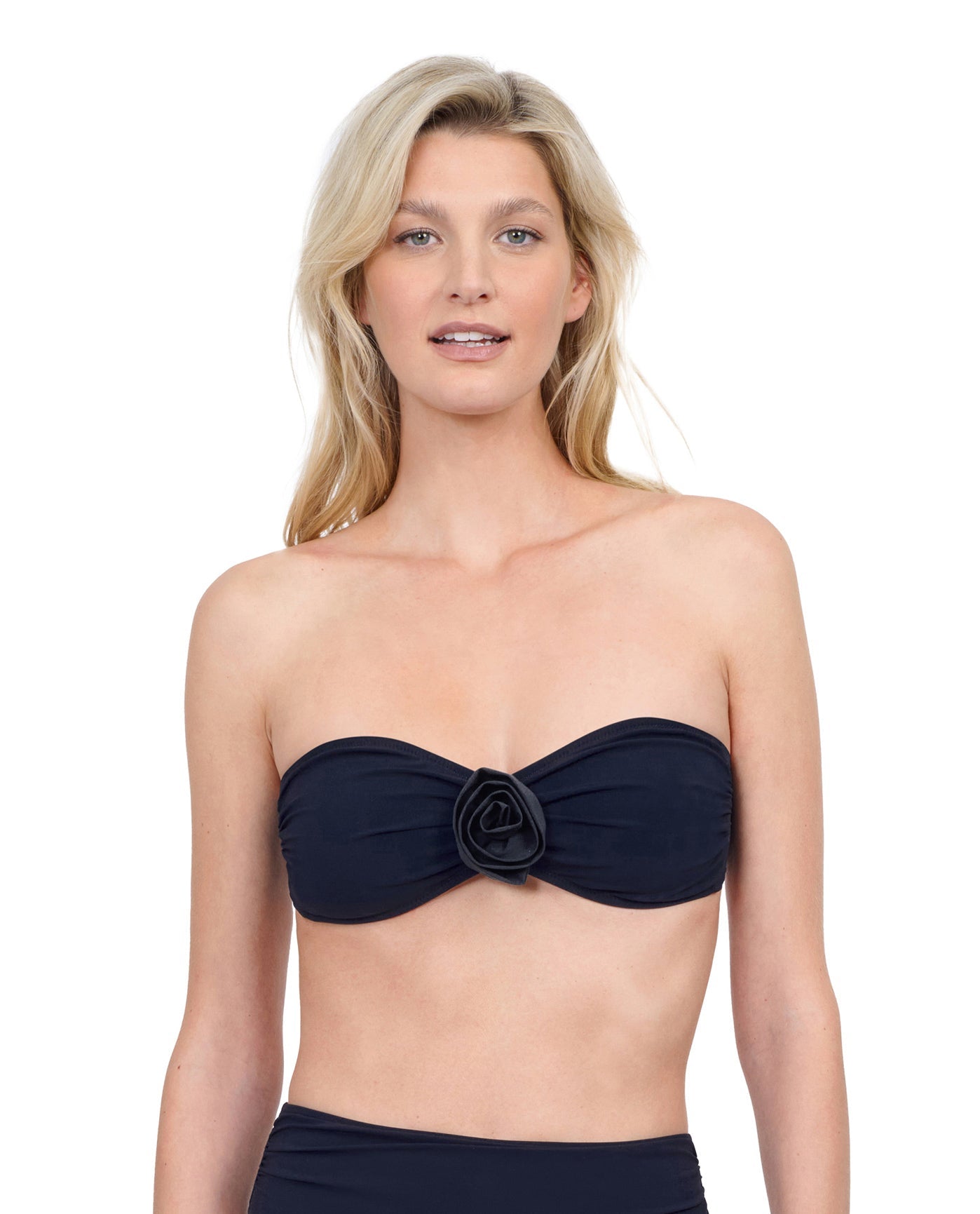 Alternate Front View Of Gottex Rose Bud Halter Bandeau Bikini Top | GOTTEX ROSE BUD BLACK