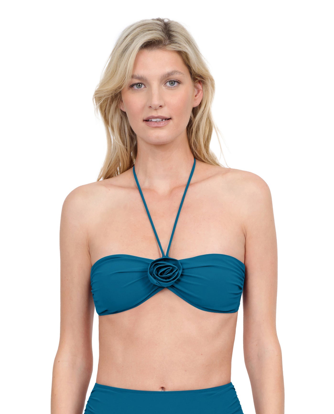 Front View Of Gottex Rose Bud Halter Bandeau Bikini Top | GOTTEX ROSE BUD TEAL