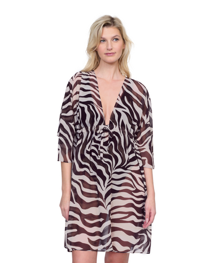 Front View Of Gottex Wildest Dream V Neck Beach Dress Adjustable Straps Swim Cover up | Gottex Wildest Dream Brown Multi