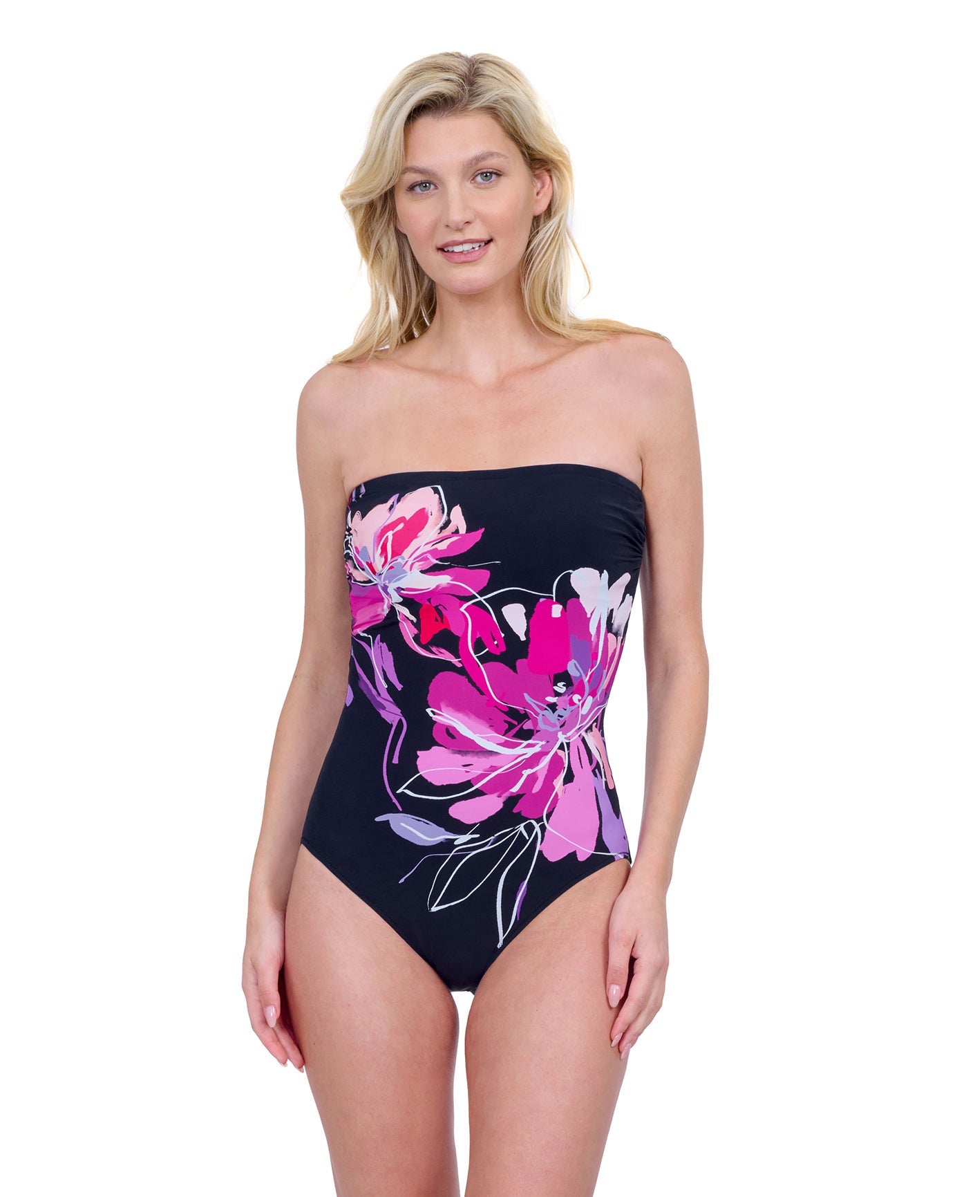 Front View Of Gottex Water Lily Bandeau Strapless One Piece Swimsuit | GOTTEX WATER LILY BLACK