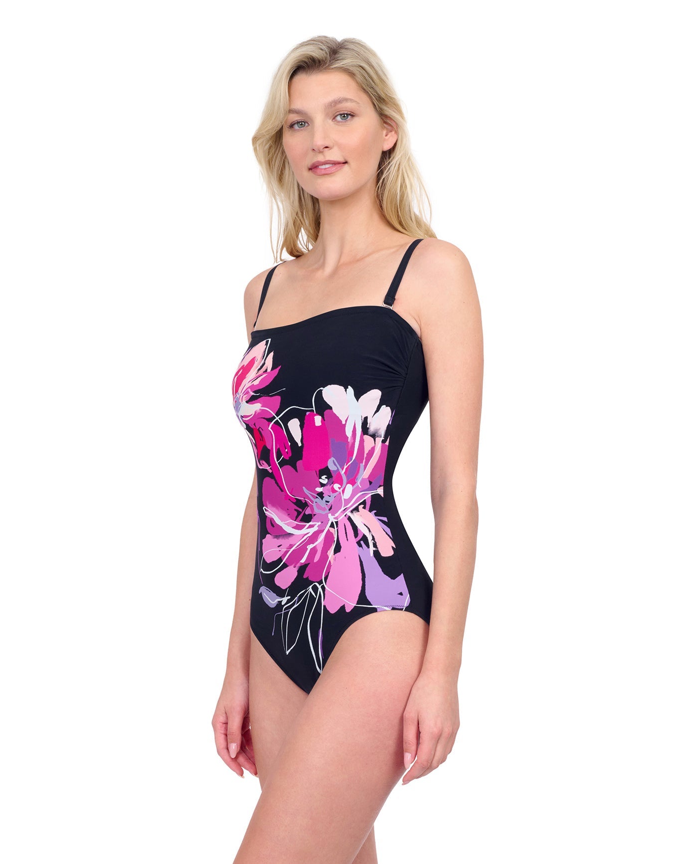 Side View Of Gottex Water Lily Bandeau Strapless One Piece Swimsuit | GOTTEX WATER LILY BLACK