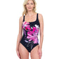 Front View Of Gottex Water Lily Full Coverage Square Neck One Piece Swimsuit | GOTTEX WATER LILY BLACK