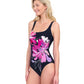 Side View Of Gottex Water Lily Full Coverage Square Neck One Piece Swimsuit | GOTTEX WATER LILY BLACK