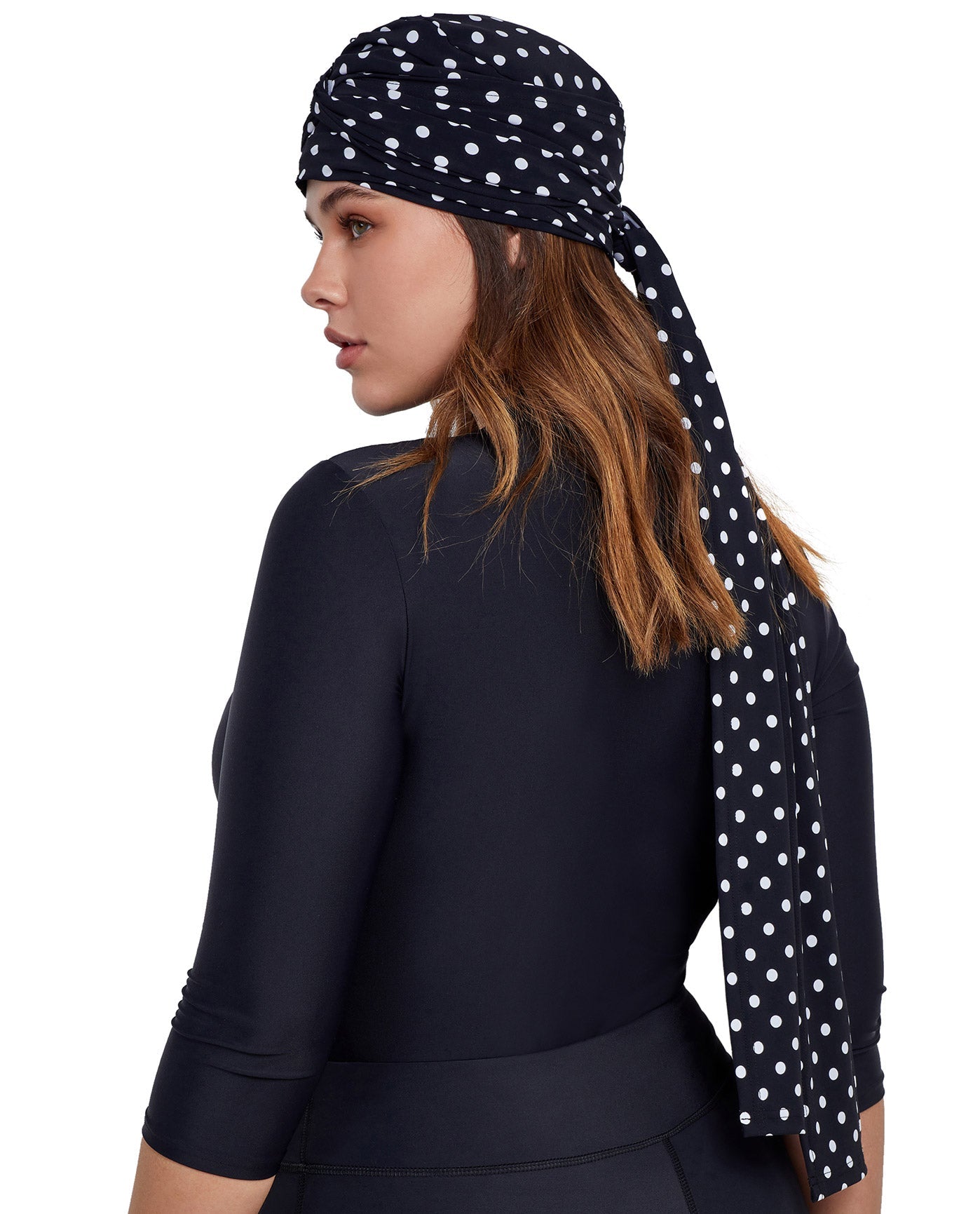 Back View Of Gottex Modest Hair Covering With Tie | GOTTEX MODEST BLACK AND WHITE DOTS