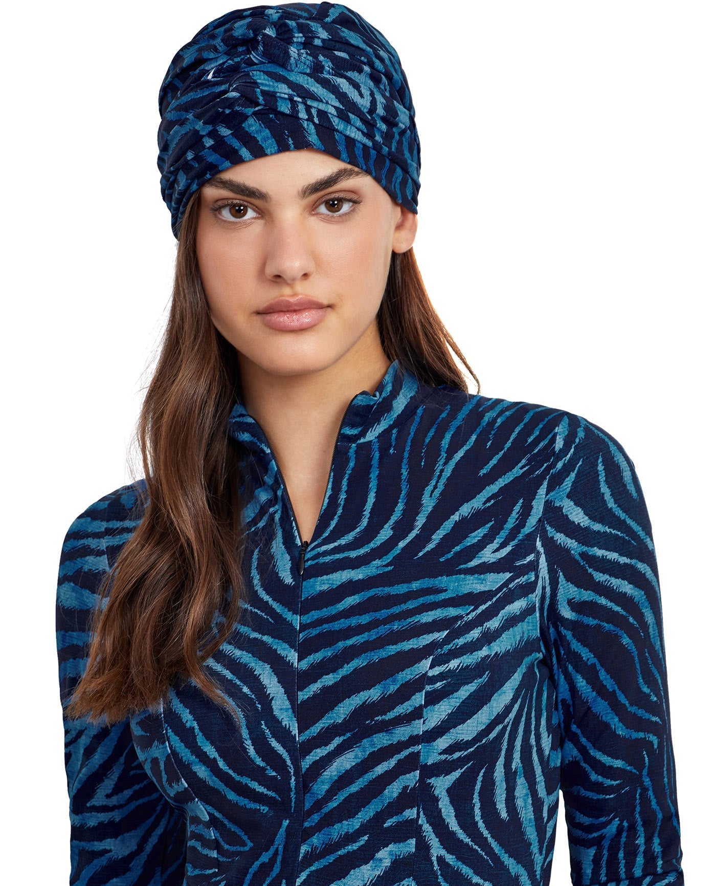 Front View Of Gottex Modest Hair Covering With Tie | GOTTEX MODEST WILDLIFE BLUE