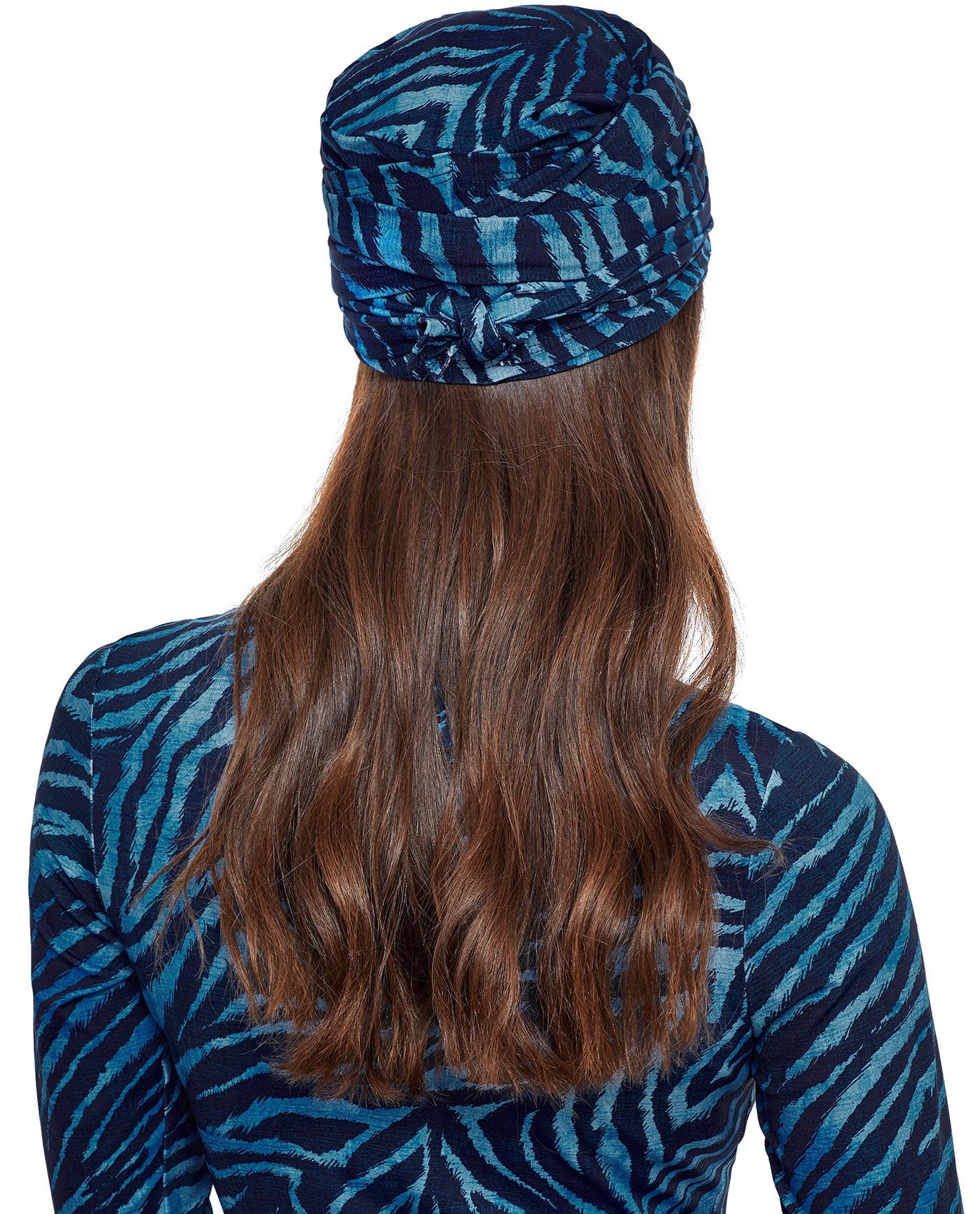 Back View Of Gottex Modest Hair Covering With Tie | GOTTEX MODEST WILDLIFE BLUE