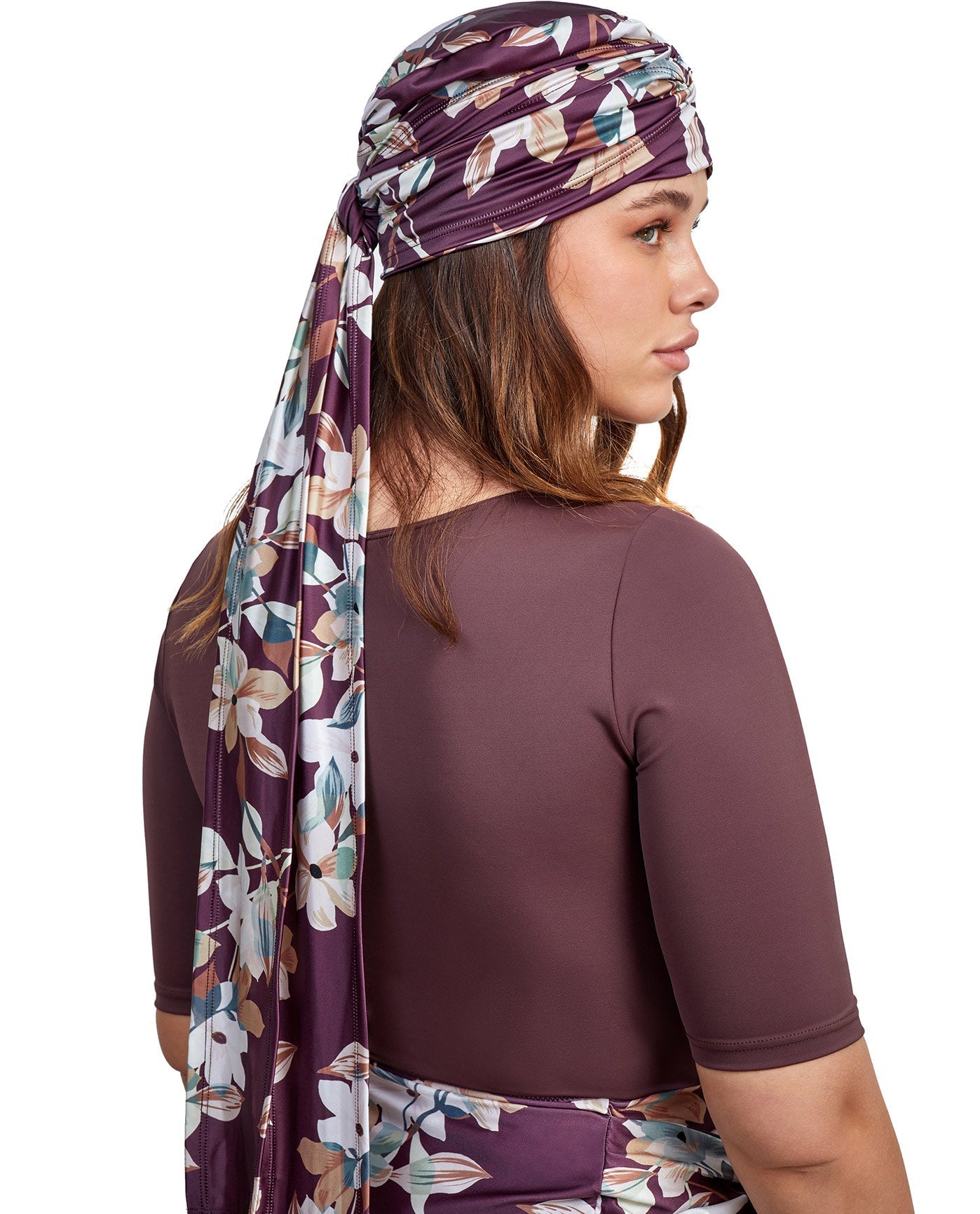 Back View Of Gottex Modest Hair Covering With Tie | GOTTEX MODEST AMORE MAUVE