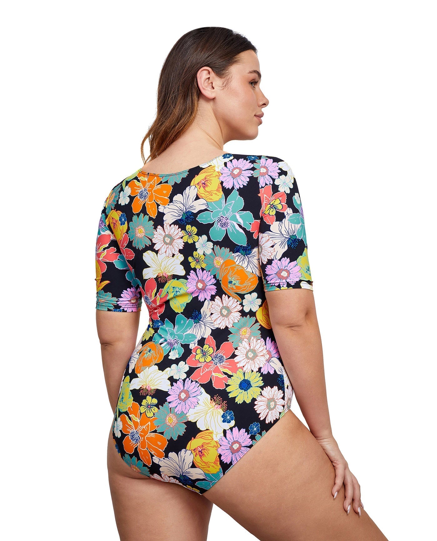 Back View Of Gottex Modest Round Neck Short Sleeve One Piece Swimsuit | GOTTEX MODEST RISING SUN