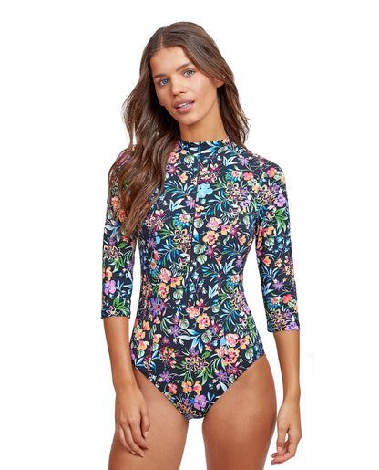 Front View Of Gottex Modest High Neck Long Sleeve One Piece Swimsuit | GOTTEX MODEST FLORA