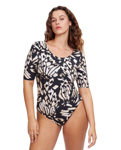 Front View Of Gottex Modest Round Neck Short Sleeve One Piece Swimsuit | GOTTEX MODEST MISS BUTTERFLY BROWN