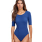 Front View Of Gottex Modest Round Neck Short Sleeve One Piece Swimsuit | GOTTEX MODEST COBALT