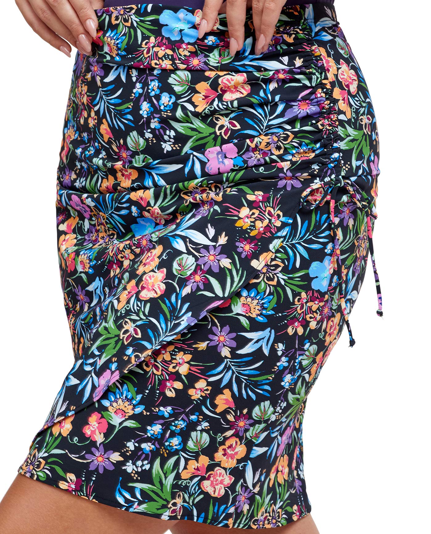 Front Detail View Of Gottex Modest Surplice Tie-Up Skirt | GOTTEX MODEST FLORA