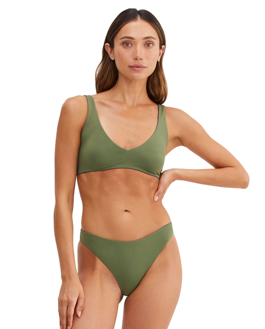 Front View Of Au Naturel Endless Summer Kaia V Neck Bra Swim Top | Au Naturel Ink-Olive