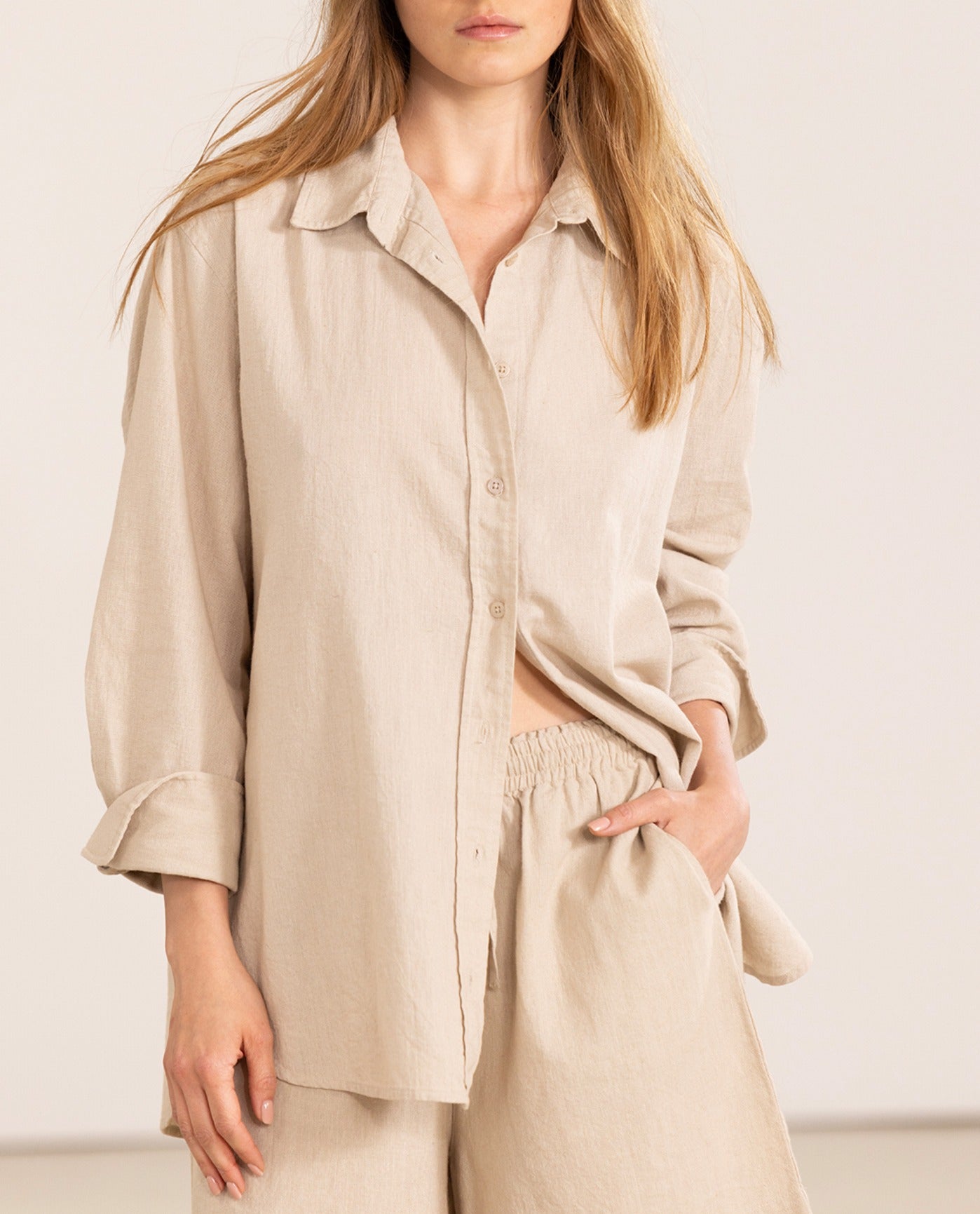 Front View Of Gottex Beach Life Long Sleeve Button Down Cover Up Blouse | GOTTEX BEACH LIFE NATURAL