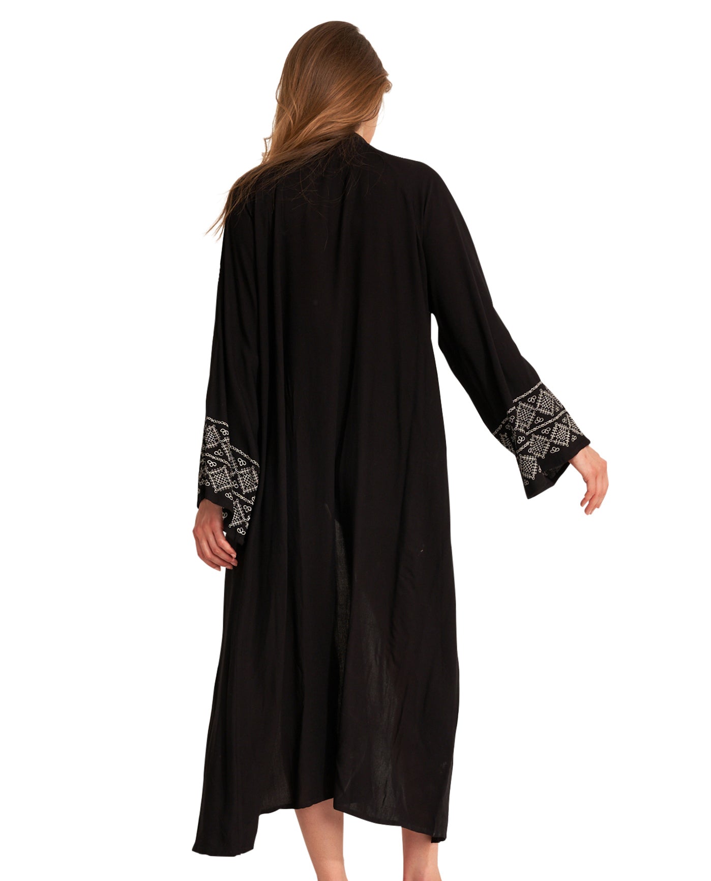 Back View Of Gottex Beach Life Midi Embroidered Cover Up Kimono | GOTTEX BEACH LIFE QUEEN BLACK