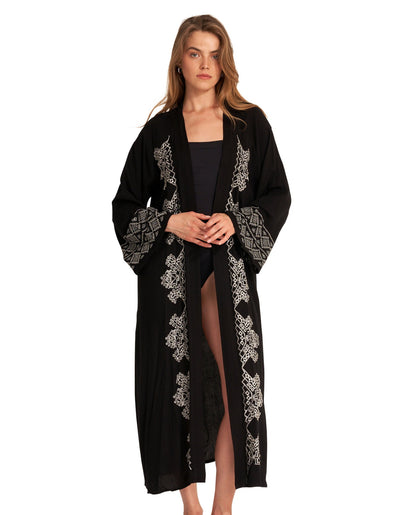 Front View Of Gottex Beach Life Midi Embroidered Cover Up Kimono | GOTTEX BEACH LIFE QUEEN BLACK