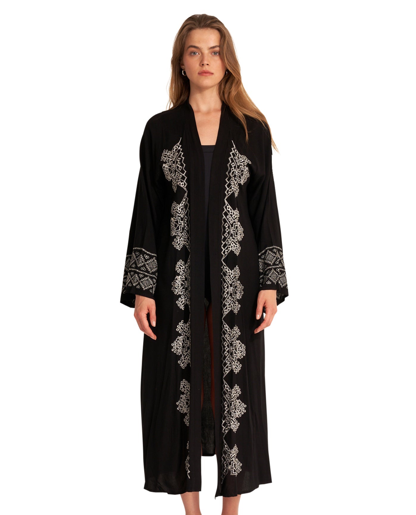 Alternate Front View Of Gottex Beach Life Midi Embroidered Cover Up Kimono | GOTTEX BEACH LIFE QUEEN BLACK