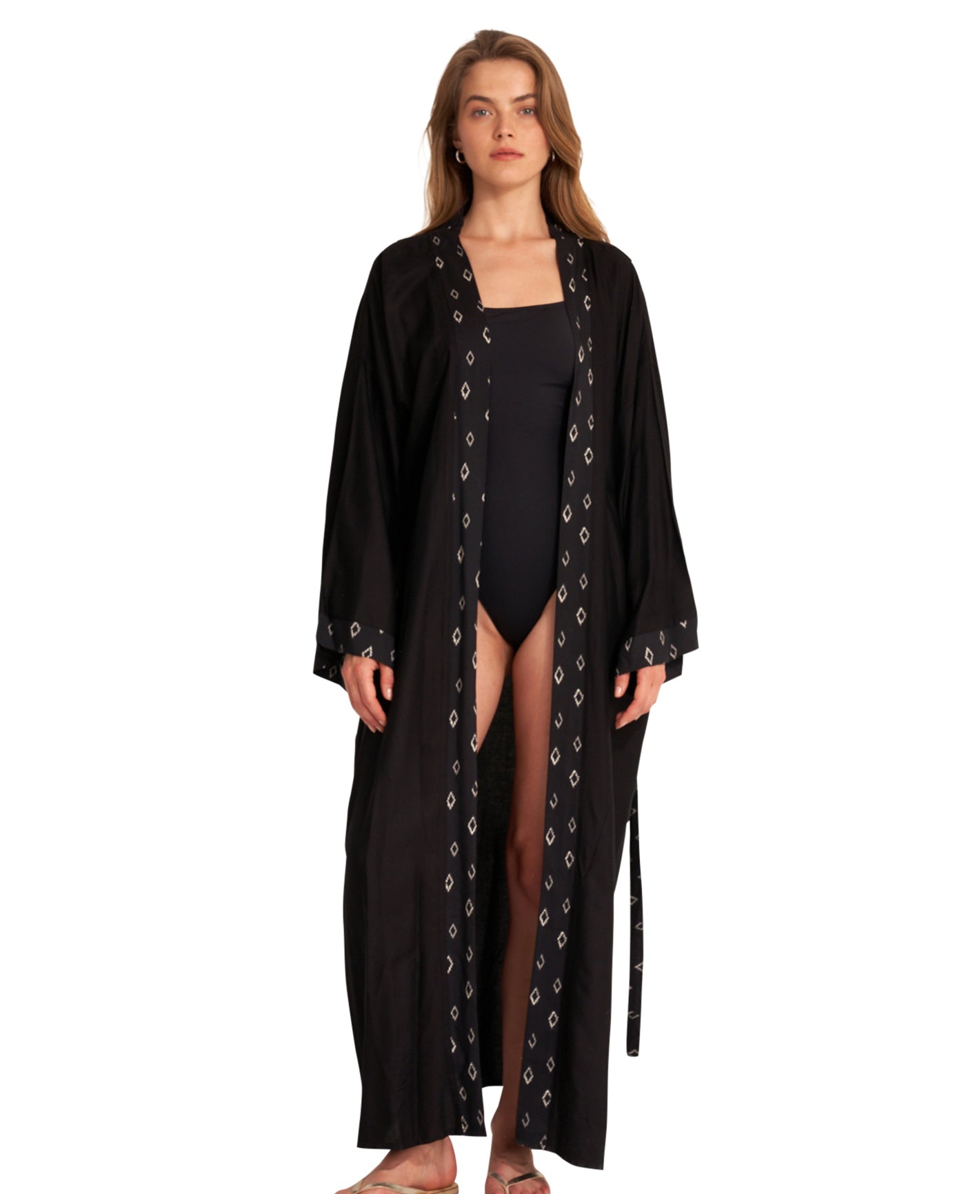 Front View Of Gottex Beach Life Midi Cover Up Kimono | GOTTEX BEACH LIFE DIAMOND BLACK