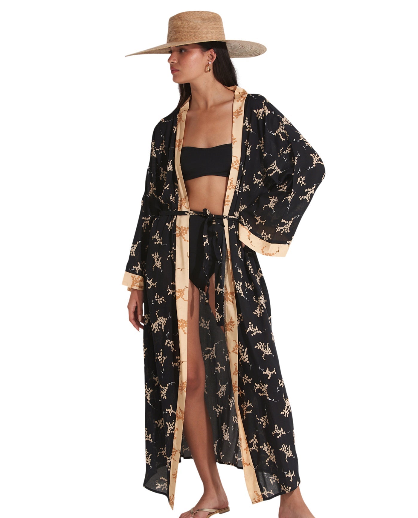 Front View Of Gottex Beach Life Midi Cover Up Kimono | GOTTEX BEACH LIFE DIAMOND BLACK AND SAND