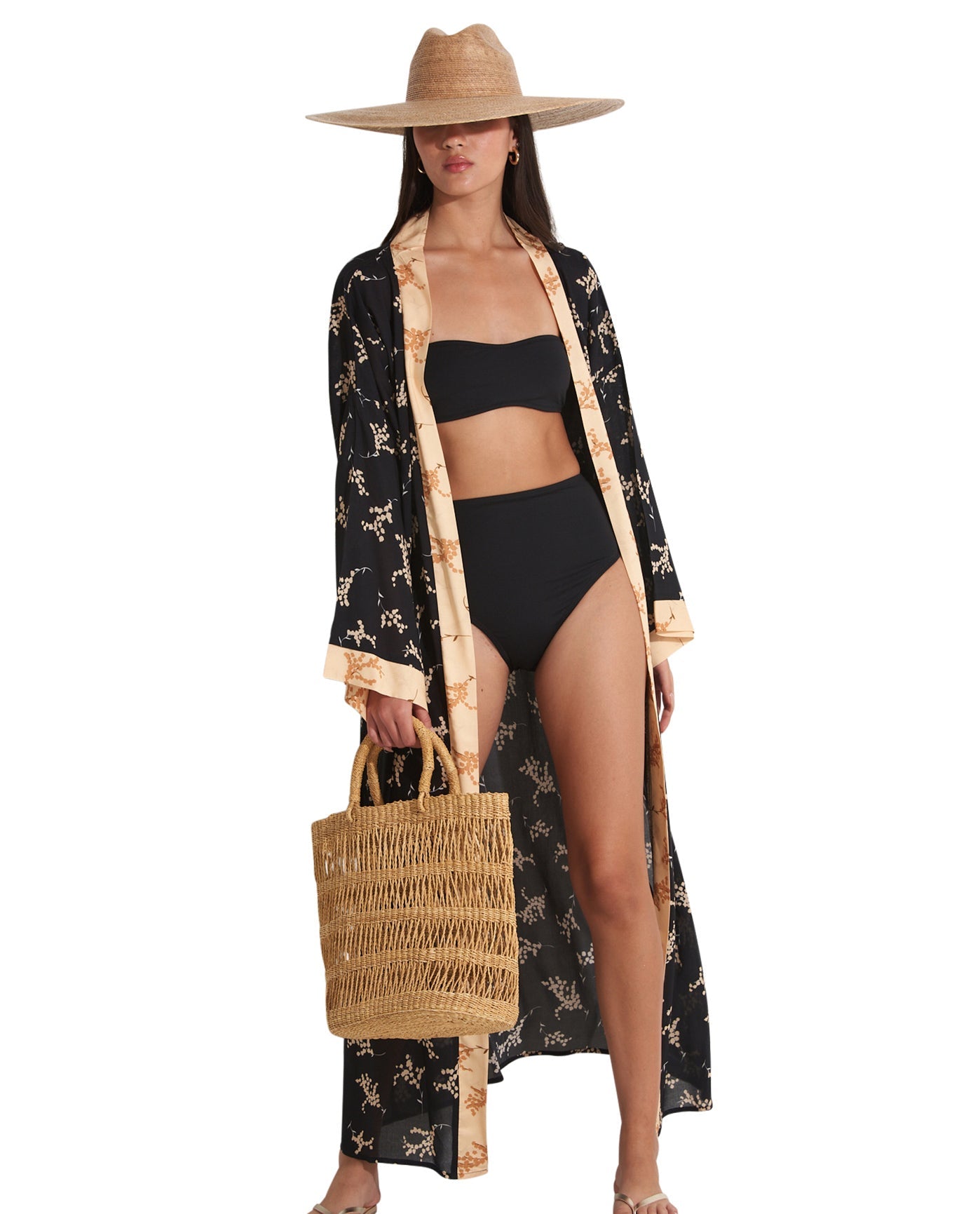 Alternate Front View Of Gottex Beach Life Midi Cover Up Kimono | GOTTEX BEACH LIFE DIAMOND BLACK AND SAND