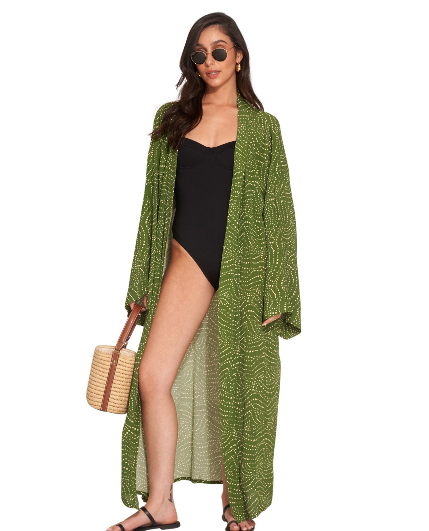 Front View Of Gottex Beach Life Maxi Cover Up Kimono | GOTTEX BEACH LIFE ISSEY GREEN