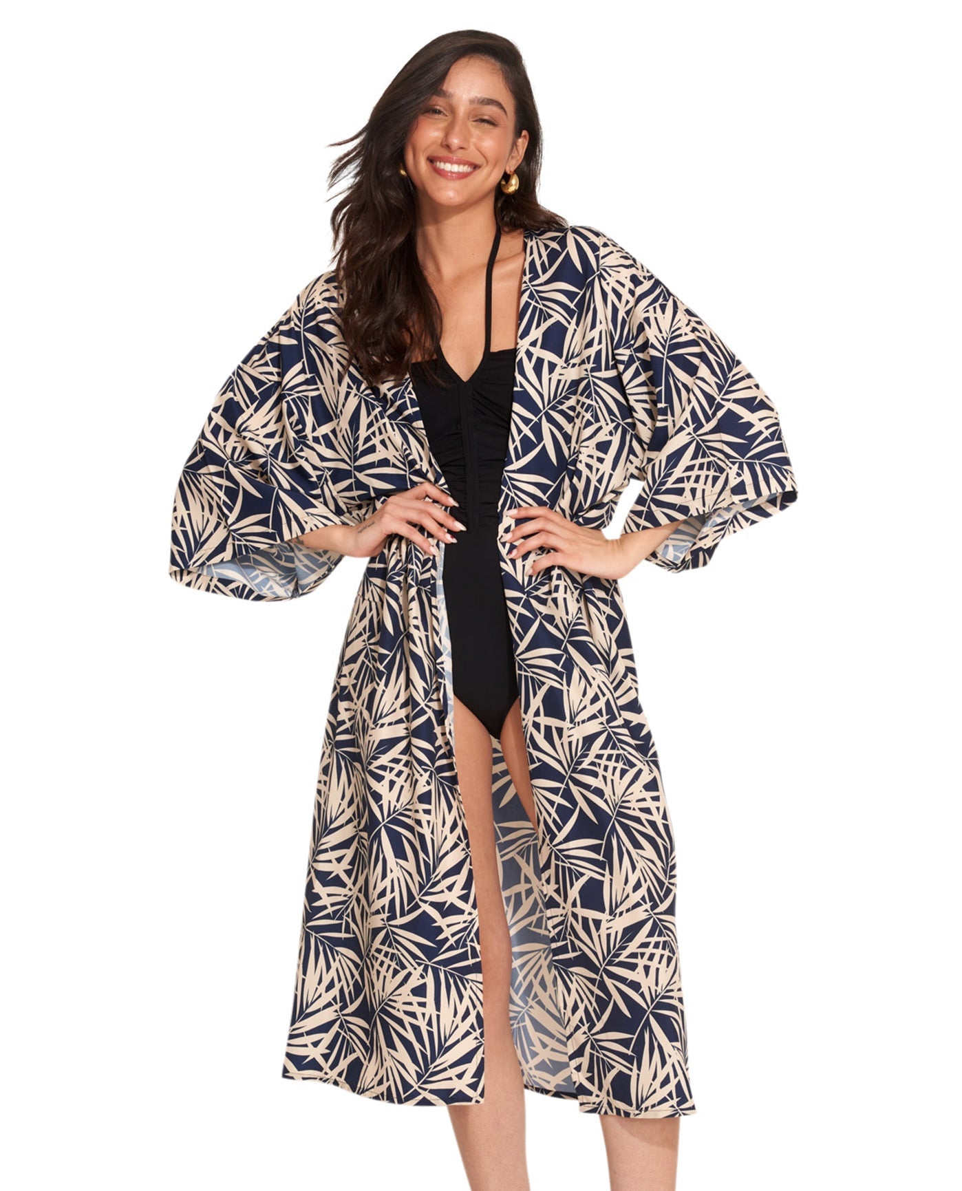 Front View Of Gottex Beach Life Midi Cover Up Kimono | GOTTEX BEACH LIFE NOAM NAVY