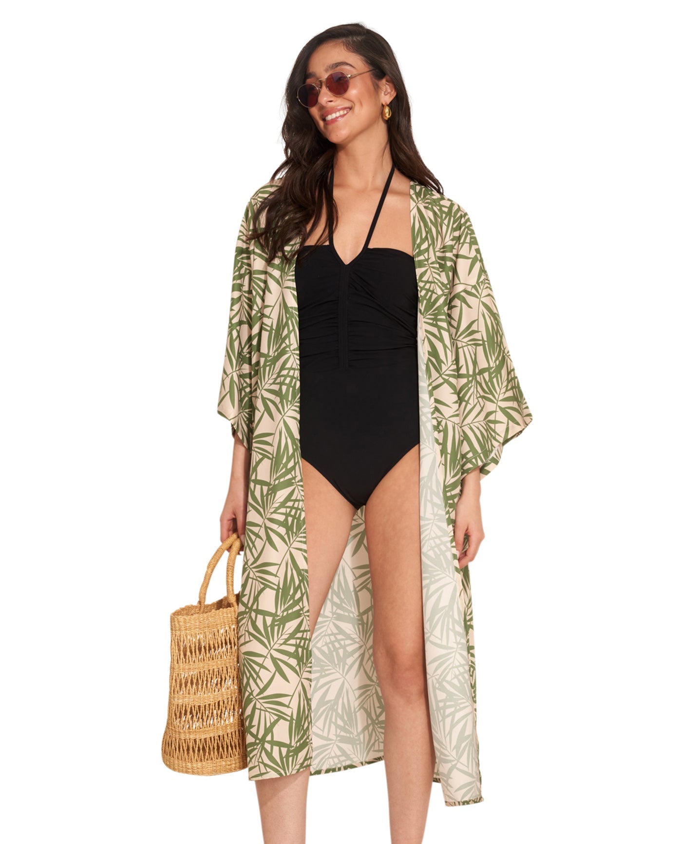 Front View Of Gottex Beach Life Midi Cover Up Kimono | GOTTEX BEACH LIFE NOAM GREEN