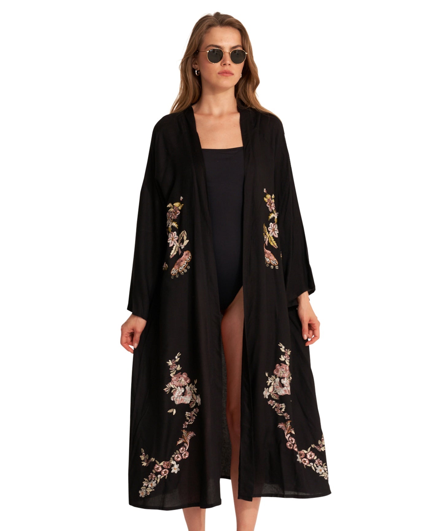 Front View Of Gottex Beach Life Embroidered Cover Up Kimono | GOTTEX BEACH LIFE PEACOCK BLACK