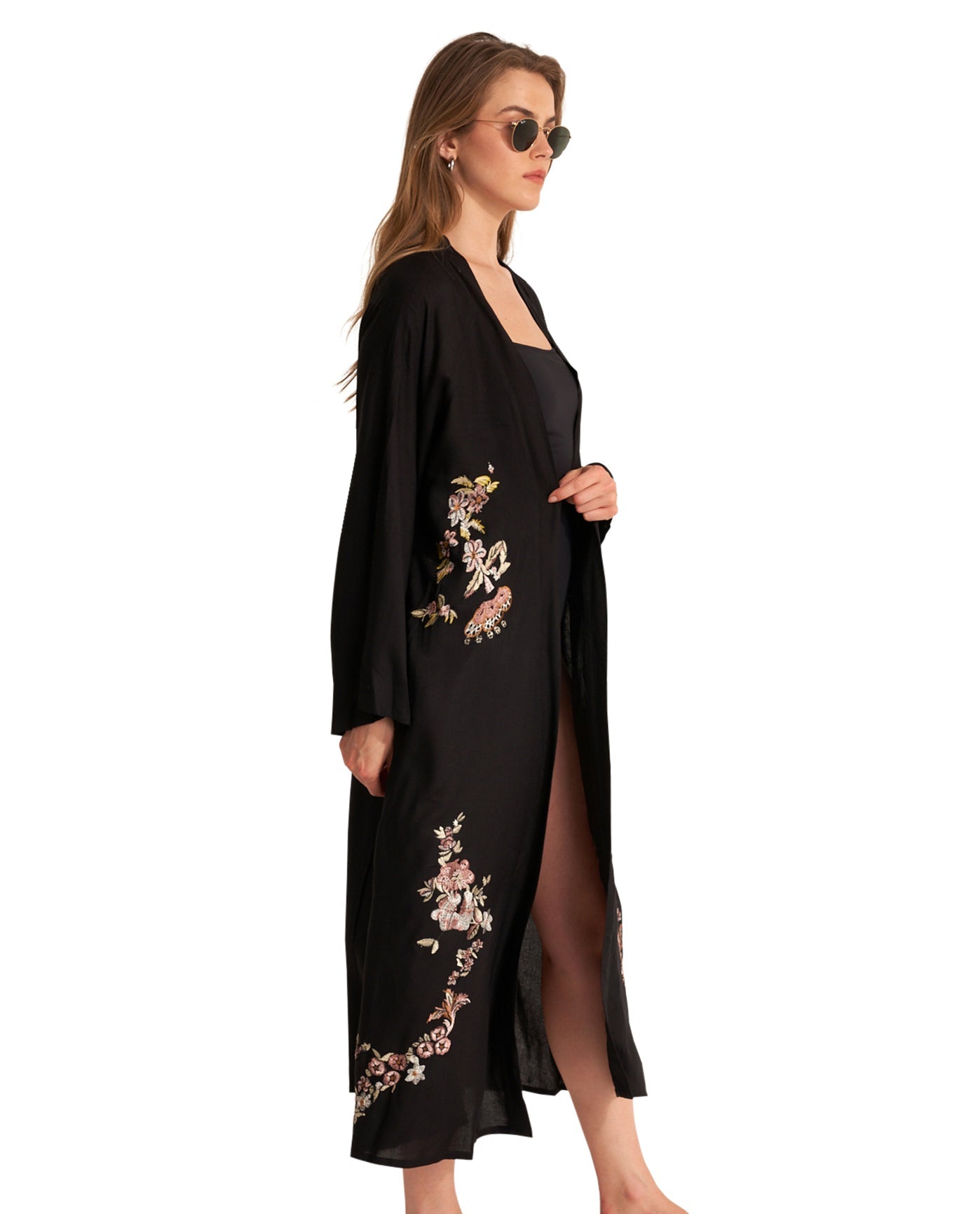 Side View Of Gottex Beach Life Embroidered Cover Up Kimono | GOTTEX BEACH LIFE PEACOCK BLACK